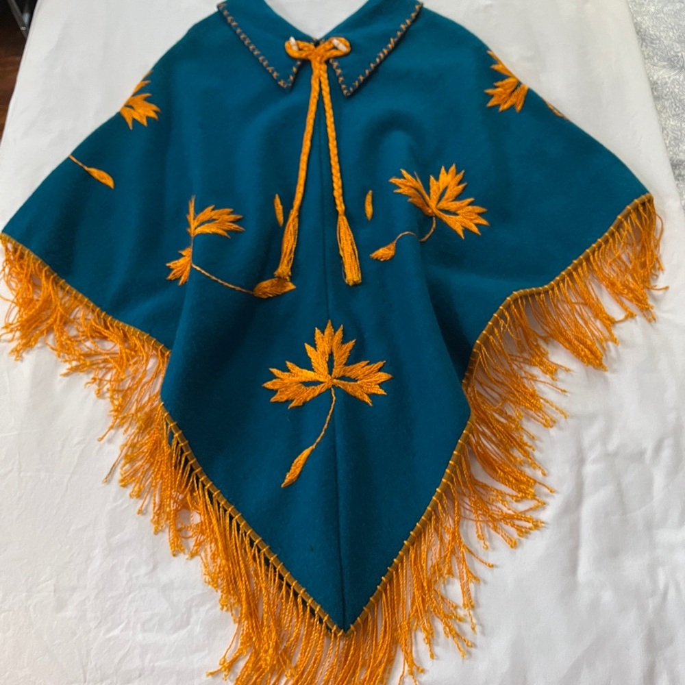 Vintage Teal Poncho with Orange Embroidered Leaf